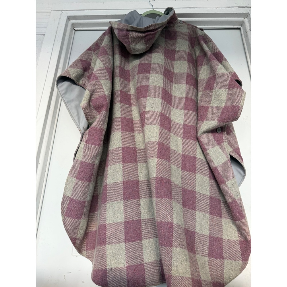 Mauve Pink and Grey Buffalo Check Hooded Poncho with Side Buttons